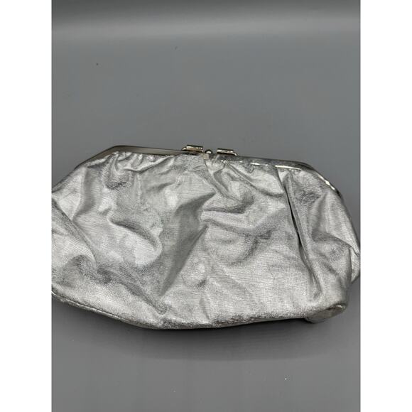 Vintage Silver Metallic Ruched Kiss Lock Clutch Purse Evening Bag ~ 11” - Picture 2 of 6
